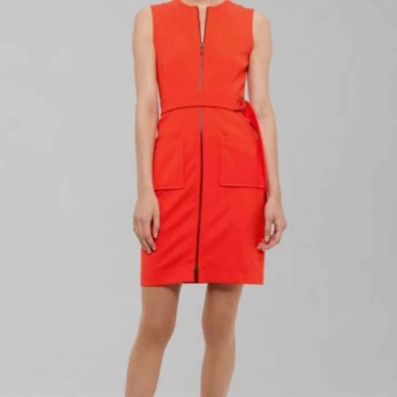 Akris Punto Crew Neck Knee-Length Red Sleeveless Belted Dress US Size 8 - Picture 4 of 12